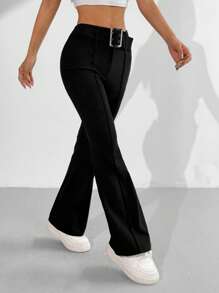 SHEIN EZwear Pantalones de mujer con diseño de brida en la cintura, unicolor, estilo acampanado, pantalones casuales