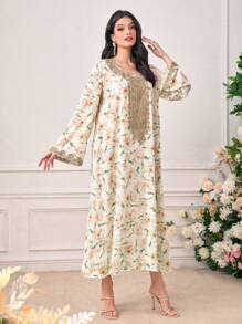 Al Najma Floral Print Contrast Lace Long Trumpet Sleeve Modest Dress