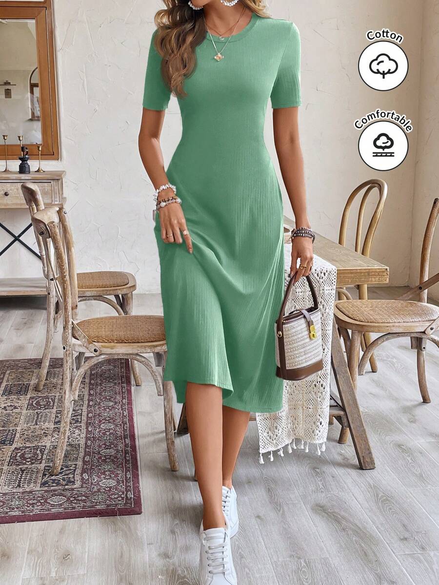 SHEIN Frenchy 女士休闲圆领短袖黑色长裙，夏季 - 綠色 - 查看 1