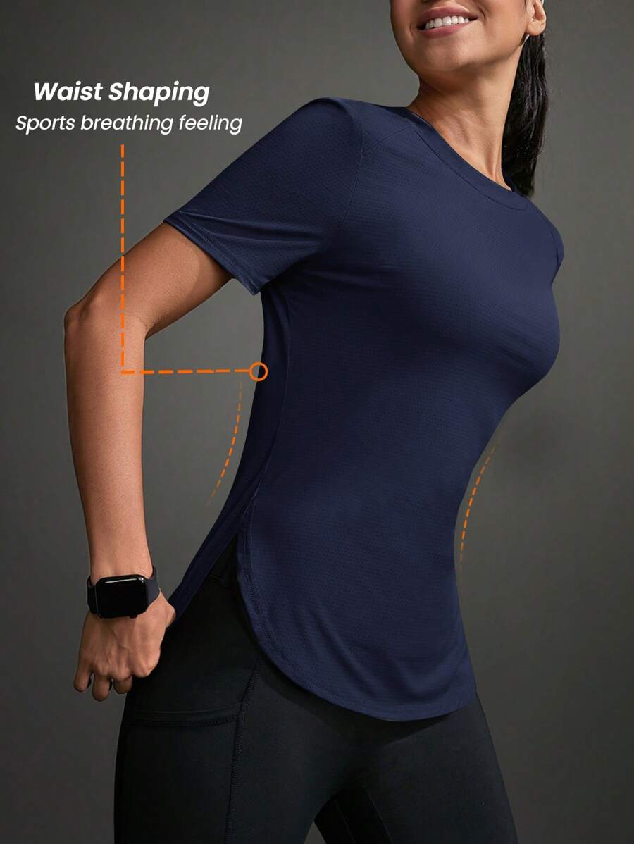 Powerista Women's Solid Color Round Neck Short Sleeve Casual Sports Outdoor T-Shirt & Tank Top Gym Shirts - Navy Blue - View 1
