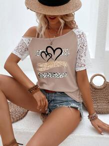 EMERY ROSE Women's Lace Patchwork Heart & Leopard Print T-Shirt Graphic Cheetah Print Tees Women Tops - Khaki - View 5