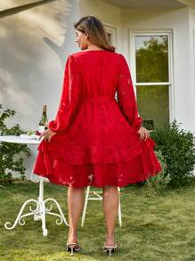 KURAYIA Robe midi texturée en maille à encolure en V avec ceinture nouée, style français de luxe pour grandes tailles - Rouge - Voir 2