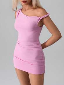 TRNVIE 不对称单肩性感紧身迷你连衣裙 - 粉色 - 查看 6