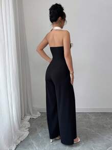 Elenzga 女士蝴蝶结无袖直筒连身裤 - 黑色 - 查看 2