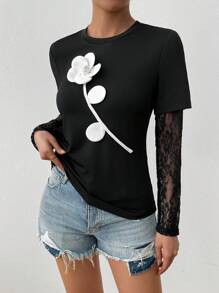 Chiquease Lace Patchwork Oversized Floral Print T-Shirt, Slim Flattering Design, Casual Chic, Suitable For Summer Fall Cloth For Women - Black - View 4