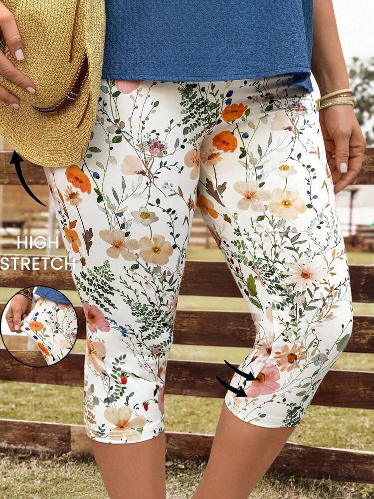 Plus Size Summer Floral All-Over Print Leggings, Casual And Suitable For Vacation,Western Wear Women Vacation Outfits Woman Beach Outfits For Woman,Flower/Spring