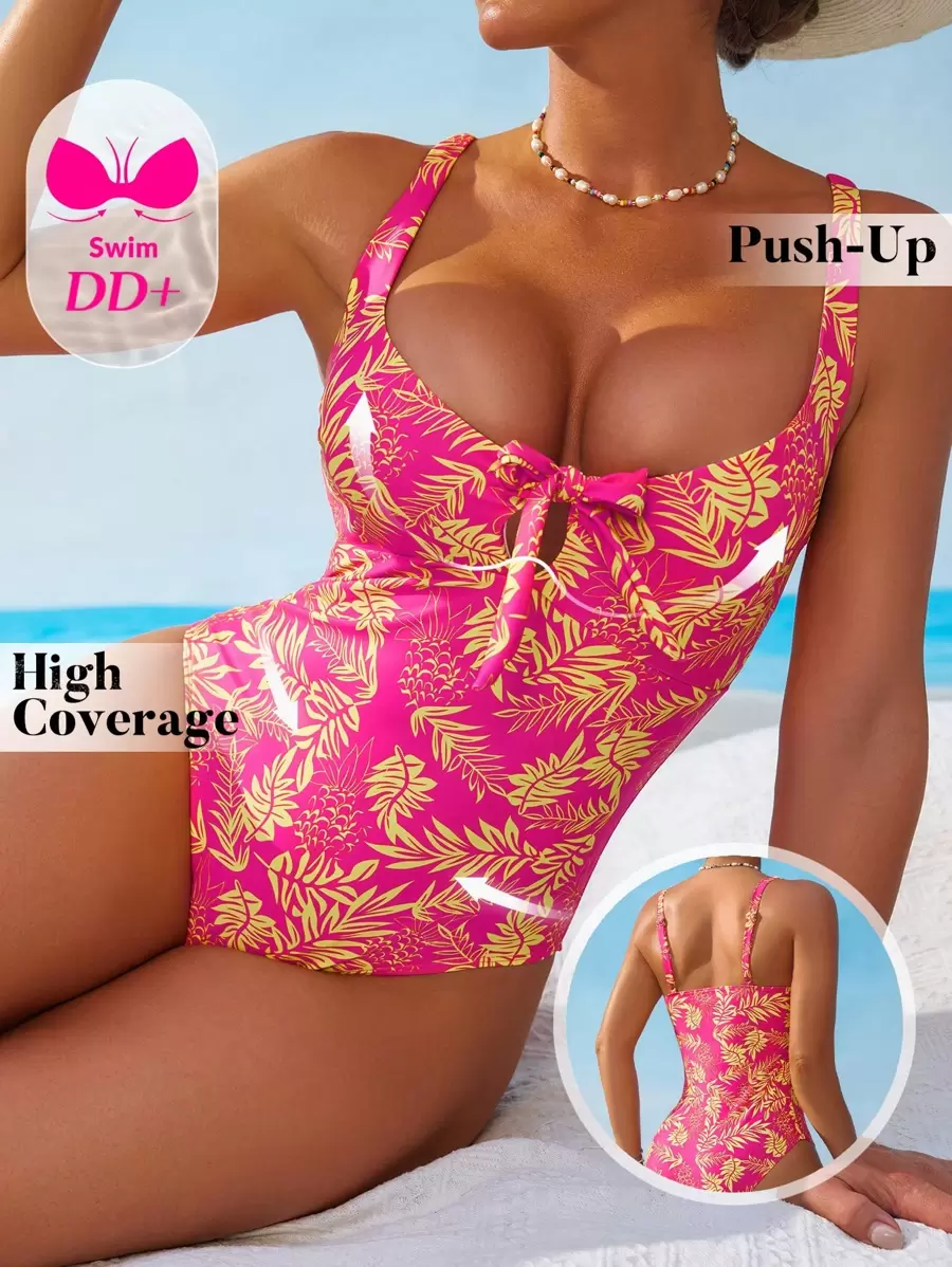 SHEIN DD+ 1pc Women's Tropical Plant Print Bowknot Decor V-Neck Wide Strap Monokini Swimsuit - Multicolor - View 1