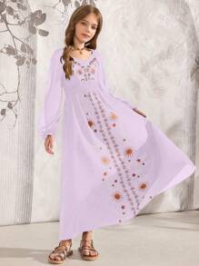 SHEIN Explorewe Tween Girls Black Long Sleeve Fashion Summer Dress - Purple - View 3