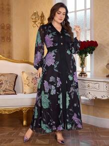 Modelyn Đầm nữ cỡ lớn cổ chữ V tay bồng lưới co giãn in họa tiết thắt eo thanh lịch lãng mạn - Nhiều màu - Xem 3