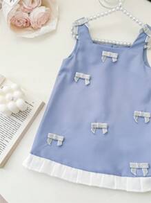 SHEIN Baby Girl Elegant Color Block Bow Decor Summer Dress - Blue - View 8