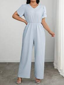 Celure Plus Size Women V-Neck Petal Sleeve Jumpsuits - Baby Blue - View 4