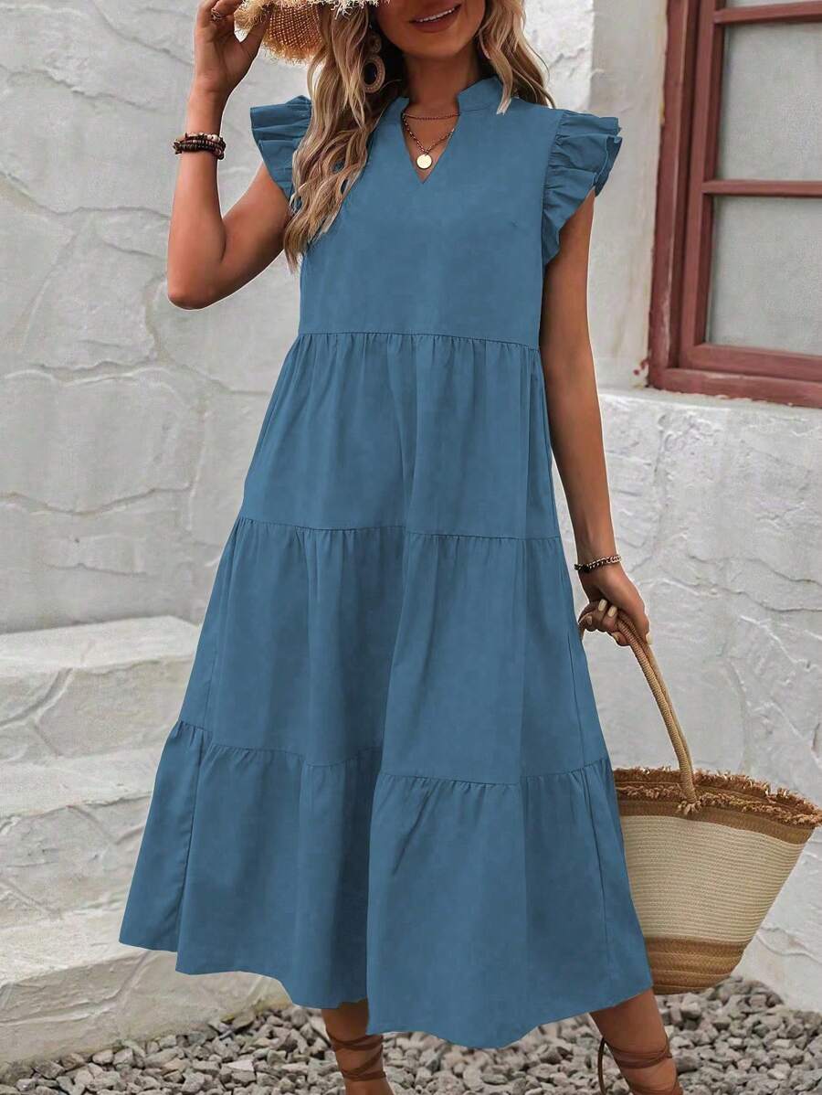 SHEIN LUNE 缺口领口荷叶边饰罩衫连衣裙长款女装 - 藍色 - 查看 1