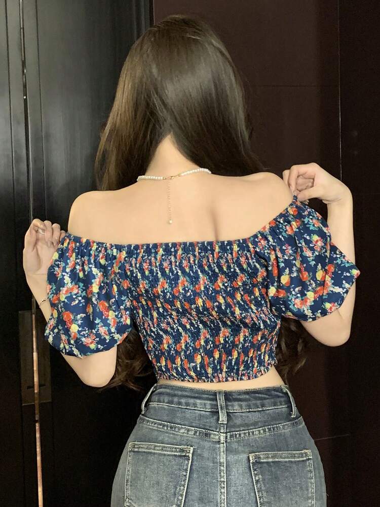 Women's Ditsy Floral Princess Sleeve Short Crop Top Summer Cruise Women