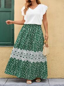 Ellevyn Plus Size Women White Blouse With Green Lace Panel Skirt 2 Pieces Set,Summer Boho Tea Party Holiday Floral Vacation Outfits,Elegant Sun Dress Outfits - Multicolor - View 7