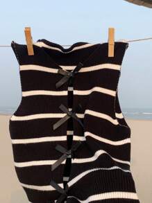 Comfortcana Women's Bow Decor Striped Sleeveless Casual Knit Top - Black - View 3