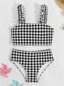 Young Girl Plaid Bikini Beach Swimwear Set, Random Print - Multicolor - View 2