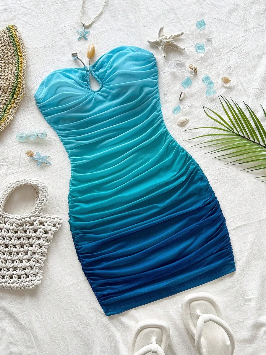 Soleia 全新针织渐变色印花网眼迷你连衣裙，采用金属装饰设计