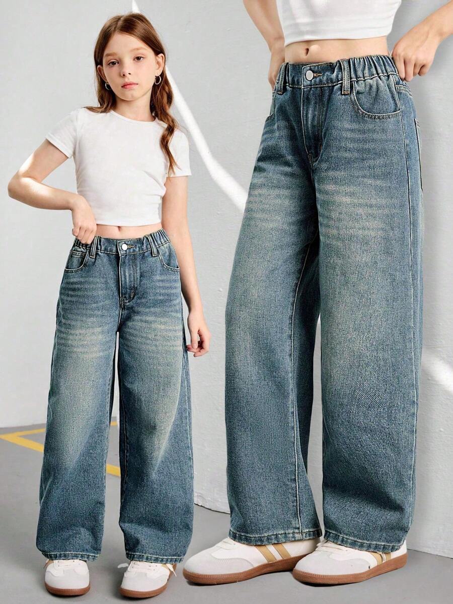 Sparklyn 青少年女孩复古宽松阔腿牛仔裤，休闲直筒牛仔裤，学校，校园，大学 - 中等水洗藍 - 查看 1
