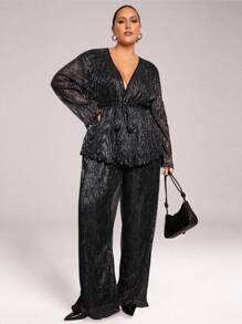 SHEIN BAE Plus Size Women 2 Pieces Set, Loose Black & Silver Long Sleeve Top And Wide-Leg Pants, Suitable For Casual Wear, Night Out, Date, Party, Afternoon Tea, Concert - Black - View 8