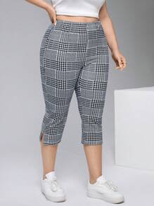 SHEIN Essnce Plus Size Checkered Split Hem Skinny Cropped Leggings - Navy Blue - View 3