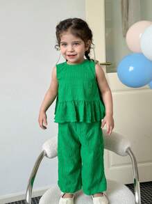 Baby Girls Green Vest And Pants 2 Pieces Outfit, Cute Summer Vacation Set