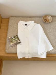 Comfortcana 女士白色编织纹理短款衬衫，夏季 - 白色 - 查看 5