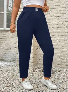 SHEIN PETITE CURVE 大码女式字母串珠口袋褶皱锥形休闲裤