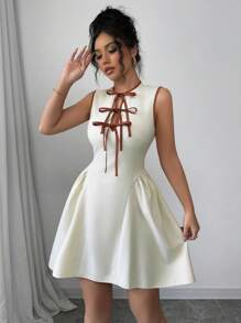 Elenzga Váy ngắn mới dành cho nữ có cổ khoét sâu, thiết kế nơ buộc tương phản, eo và viền nhún, vải có họa tiết, khóa kéo sau lưng, thời trang, trẻ trung & thanh lịch, thích hợp cho tiệc tùng, hẹn hò, mặc hàng ngày, vừa vặn, xuân/hè - Màu be - Xem 3