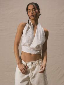 MUSERA 垂褶露背吊带无袖上衣，春夏可爱度假风，90年代优雅假日款 - 白色 - 查看 1