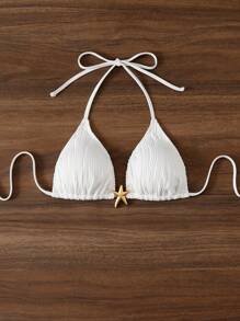 Swim Mod 女士海滩露背系带纯色纯白针织泳衣上衣，适合夏季度假