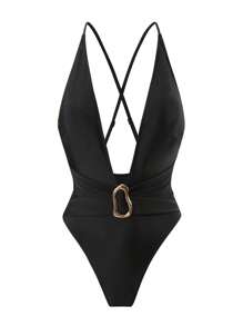 Swim Chiccia Deep V Black Elegant Belt Asymmetrical Metal Decor Women One-Piece Swimsuit, Beach & Resort Vacation Style For Summer - Black - View 2