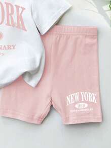 Baby Girl Casual Simple Short Sleeve Outfit, Suitable For Spring & Summer