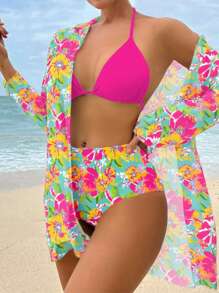Swim Lushoire Floral Print Bikini Set, Vacation & Beach For Summer - Multicolor - View 3