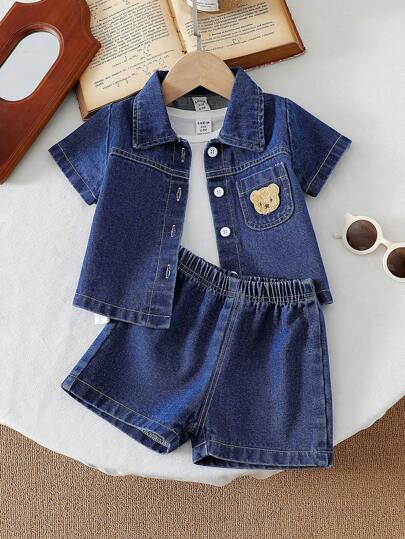 SHEIN Vintaside Kids 베이비 보이 여름 데님 세트, 패션 옷깃 짧은 소매 상의에 반바지 매치, 미니멀리스트 스타일, 루즈 핏, 실외 놀이, 일상복, 일상 스포츠, 파티 행사에 적합