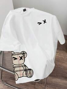 Manfinity Hypemode Men's Cartoon Bear Graphic Round Neck Short Sleeve Casual T-Shirt - White - View 1