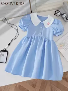 SHEIN Explorewe 年轻女孩甜美圆领荷叶边下摆迷你连衣裙 - 藍色 - 查看 1