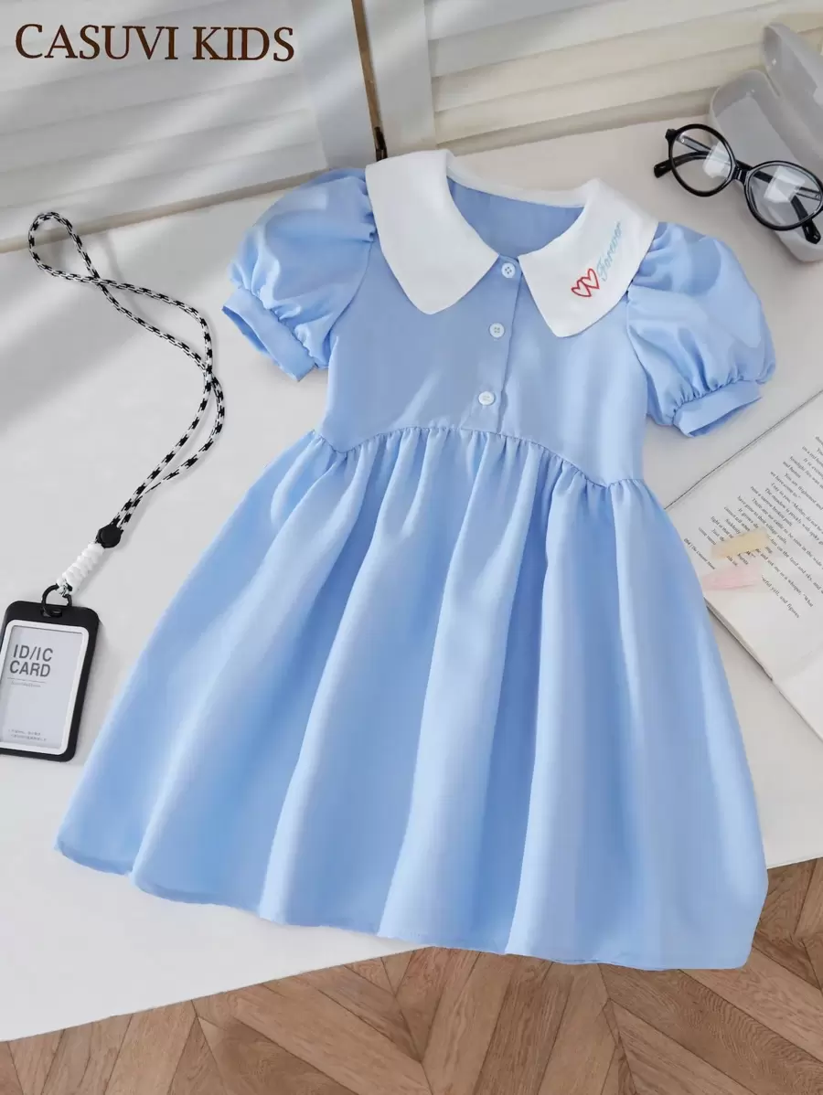 SHEIN Explorewe 年轻女孩甜美圆领荷叶边下摆迷你连衣裙 - 藍色 - 查看 1