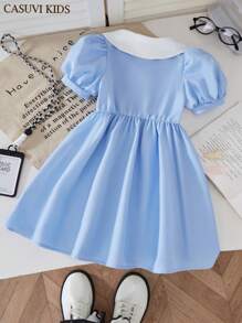 SHEIN Explorewe 年轻女孩甜美圆领荷叶边下摆迷你连衣裙 - 藍色 - 查看 2