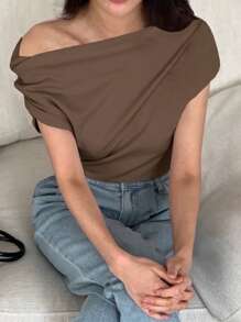 DAZY Women's Solid Color Asymmetric Neck Loose Pleated Fashion T-Shirt,Off Shoulder Top