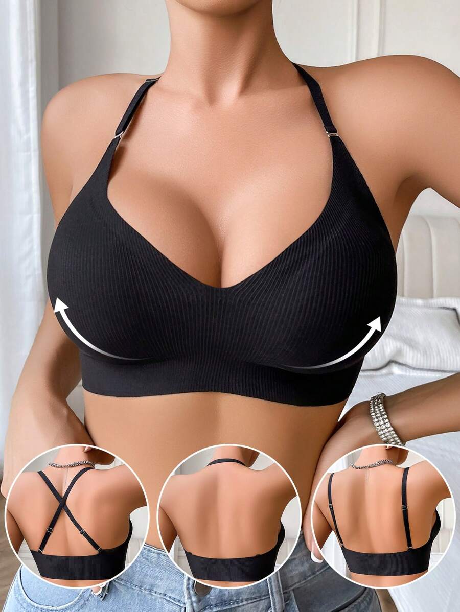 1 pieza Sujetador inalámbrico sin costuras para mujer, con copa suave, de soporte y que alisa la espalda, push up - Negro - Ver 1