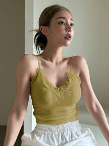 DAZY Women's Solid Color Contrast Lace Rib Knit Camisole Tank Top - Ginger - View 2