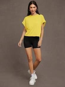 SHEIN Essnce Women's Casual Solid Color Batwing Sleeve Hollow Back T-Shirt, Summer - Yellow - View 3