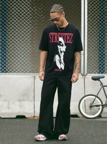 Manfinity NXTstreet Camiseta de manga corta informal para hombres con estampado de figura y letra, para primavera/verano - Negro - Ver 4