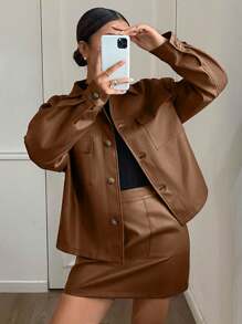 SHEIN Frenchy 2pcs/Set Women Solid Color Long Sleeve Single-Breasted Jacket And Midi Skirt