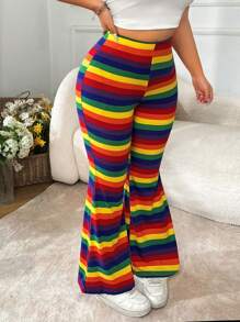 SHEIN EZwear Plus Size Rainbow Striped Flared Stretch Pants, Spring/Summer - Multicolor - View 1