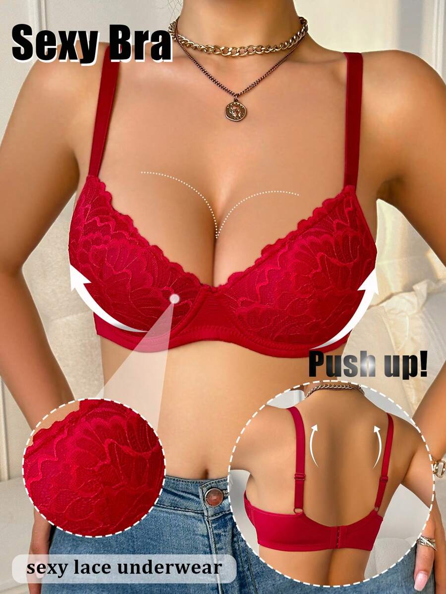 女士蕾丝边简约修身休闲文胸，红色 - 紅色 - 查看 1