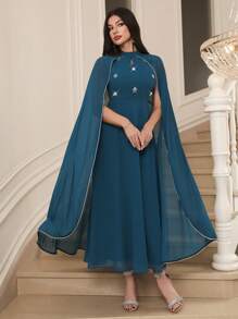 Modelyn Women's Elegant Party Rhinestone Decorated Cape Long Dress - Blue - View 2