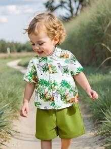 SHEIN 2pcs Set Baby Boy/Girl Casual Daily Cute Allover Print Coconut Tree & Animal Pattern Drop Shoulder Loose Fit Round Neck Top Shirt And Elastic Waist Shorts Set, Suitable For Spring/Summer, Home, Outing, Vacation, Beach