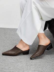 CUCCOO BIZCHIC Women's Black Pointed Toe Chunky Heel Mules, Elegant Office Wear High Heel Slip-On Shoes, Aesthetic Spring Casual Look For Christmas Spring Shoes - Brown - View 4