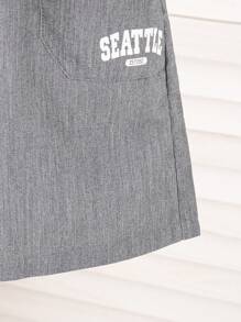 年轻男孩夏季新款前印花翻领半拉链宽松短袖上衣和休闲短裤套装，时尚运动简约装 - 灰色 - 查看 4